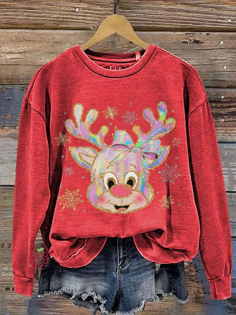 Iridescent Reindeer Christmas Casual Print Sweatshirt