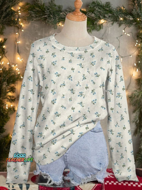 Cute Lovely 1930's Feedsack Poppy Floral in Cream Art Print Knit Pullover Sweater