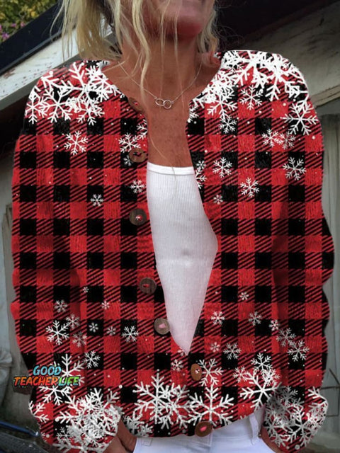Christmas Snowflake Print Buttoned Cardigan Sweater