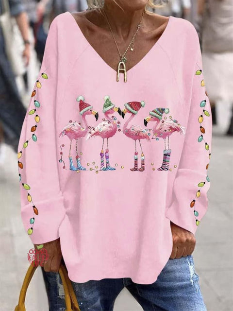 Women's Lovely Christmas Flamingo Art Print Casual Sweatshirt