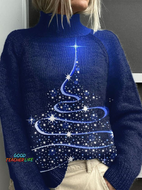 Glitter Christmas Print Knit Turtleneck Pullover Sweater