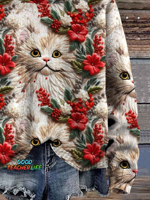 Christmas Cat Print Casual Knitted Hoodie Sweater