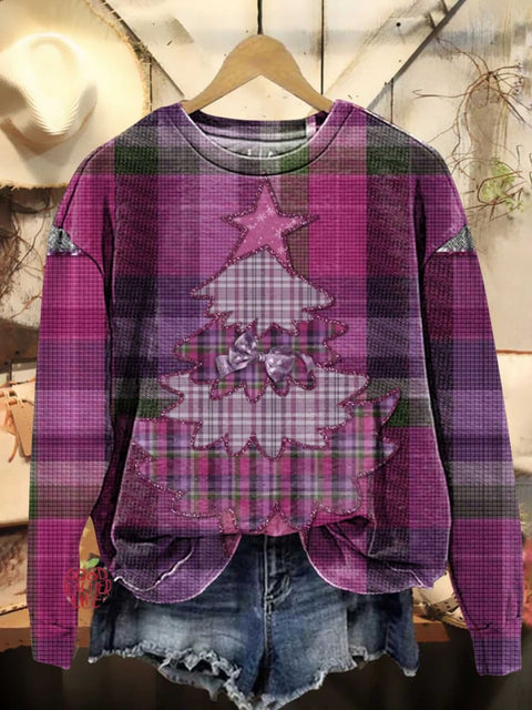 Christmas Tree Bow Plaid Pattern Casual Sweatshirt