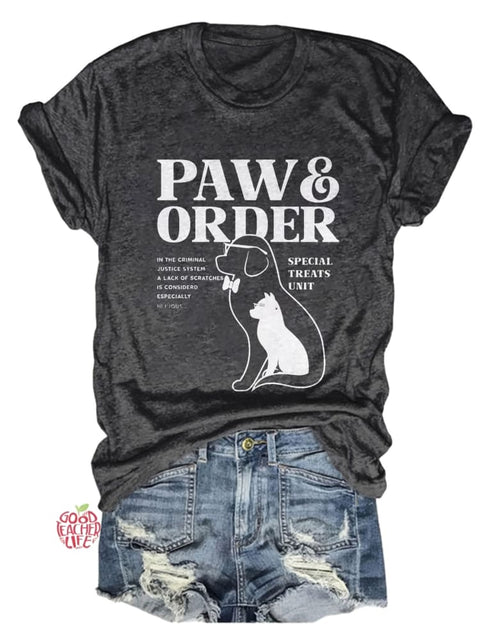 Paw And Order Cat Dog Design Print T-shirt