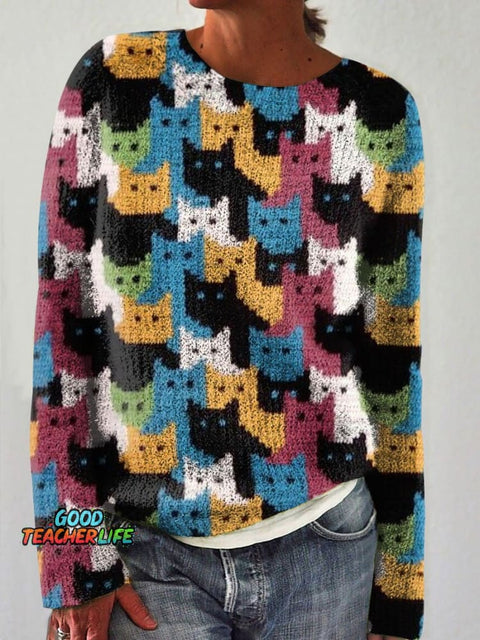 Colorful Cat Print Knit Pullover Sweater