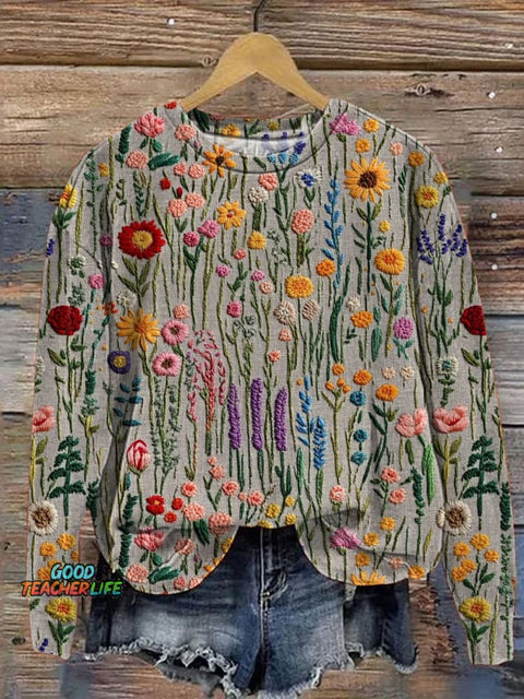 Embroidery Meadows Floral Field Art Printed Casual  Sweatshirt