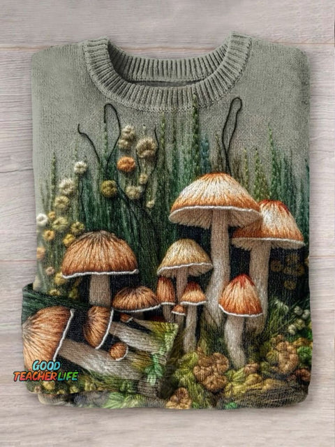 Mushroom Art Print Knit Pullover Sweater