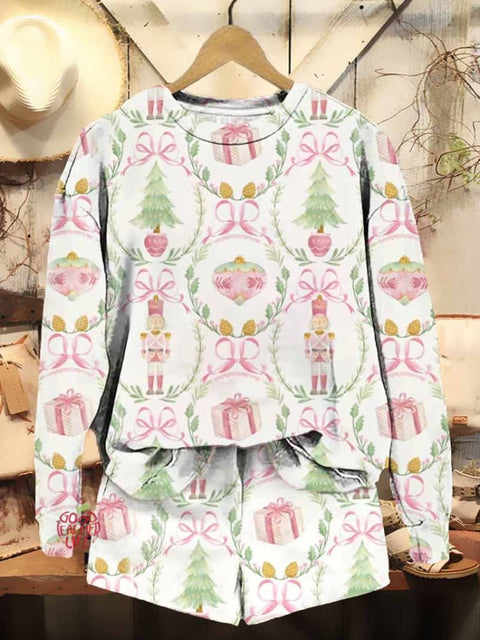 Women's Christmas Nutcracker Pattern Printed Casual Sweatshirt Shorts Set