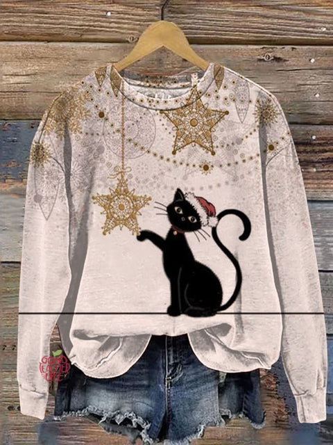 Christmas Black Cat Art Print Casual Sweatshirt