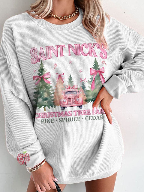 Women's Coquette Pink Christmas Tree Farm Casual Print Sweatshirt