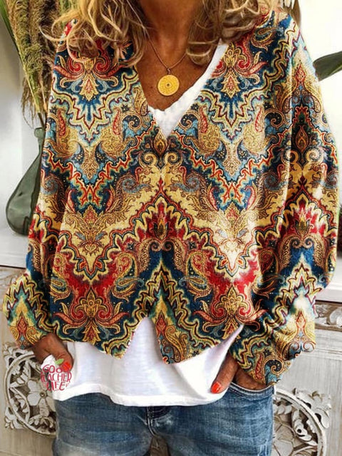 Flower Pattern Art Print Buttoned V-neck Cardigan Sweater