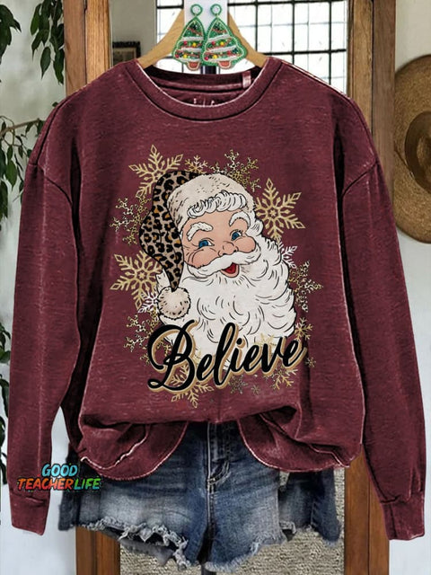 Santa Gold Snowflake Print Casual Sweatshirt