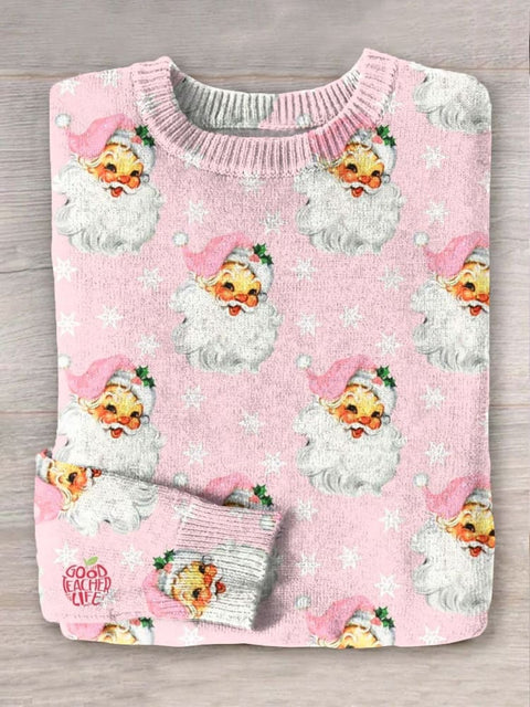 Pink Santa Christmas Winter Art Print Knit Pullover Sweater