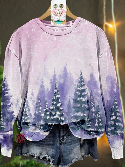 Retro Christmas Snow Scene Casual Print Sweatshirt