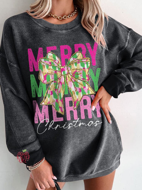 Women's Pink Glitter Christmas Coquette Casual Print Corduroy Sweatshirt