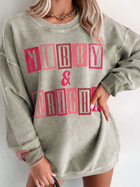 Women's Pink Christmas Merry and Bright Casual Print Corduroy Sweatshirt