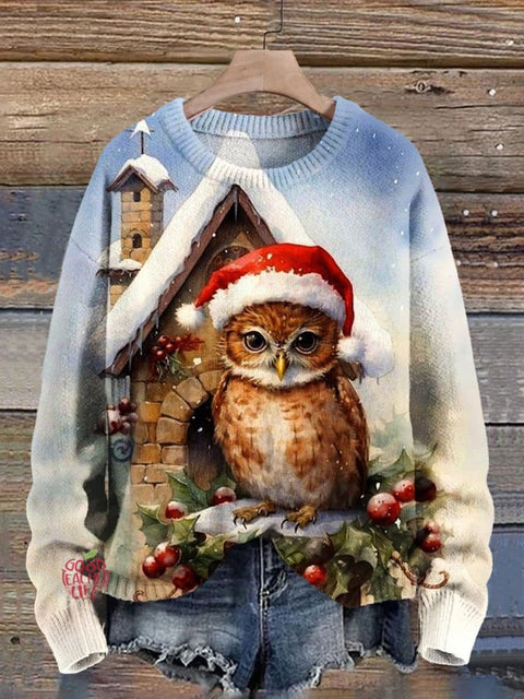 Christmas Owl  Print Knit Pullover Sweater