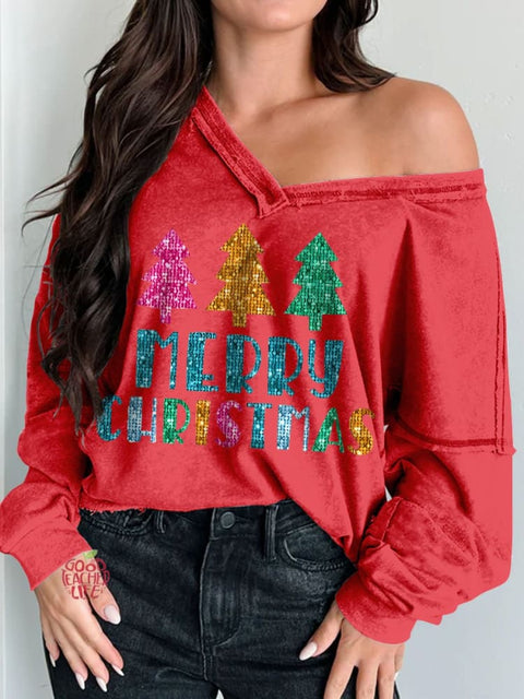 Women's Merry Christmas Print Long Sleeve V-neck Comfortable Cotton Shirt