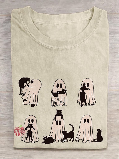 Ghost Cat Halloween Casual Print T-shirt