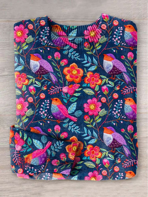 Floral Bird 3D Art Print Knit Pullover Sweater