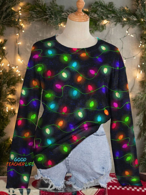 Holiday Lights on Black Art Print Knit Pullover Sweater