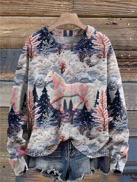 Christmas Horse Embroidery Print Knit Pullover Sweater