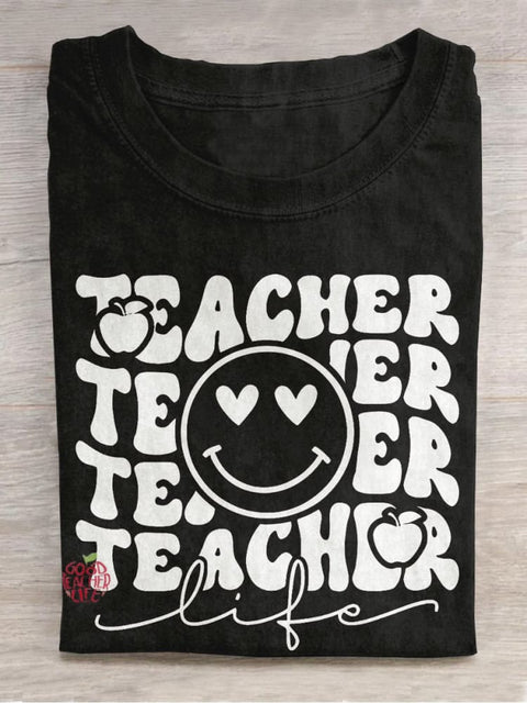 Teacher Life Smiley Face Apple Casual Print T-shirt