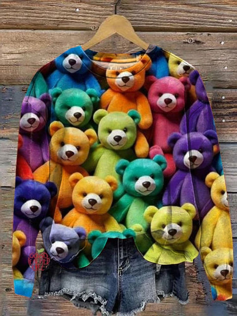 Rainbow Color Teddy Bear Pattern Printed Casual Sweatshirt