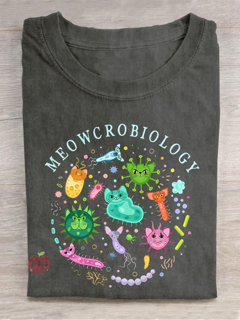 Meowcrobiology Cat Virus Teacher Casual Print T-shirt