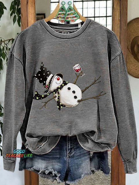 Drunk Snowman Drinking Wine Winter Holiday Christmas Casual Print Sweatshirt