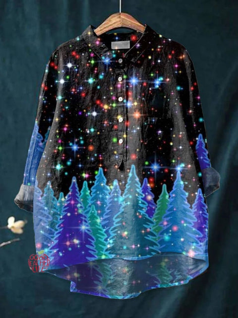 Women's  Glitter Christmas Art Print Casual Cotton And Linen Shirt