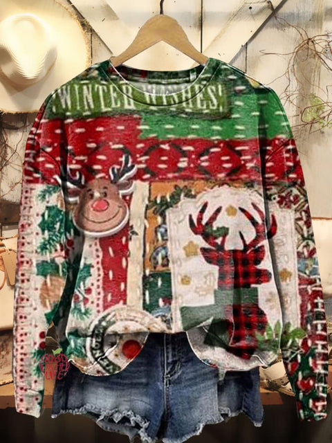 Christmas Elk Art Print Casual Sweatshirt