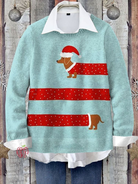 Cute Dachshund Dog Lover Christmas Art Print Knit Pullover Sweater