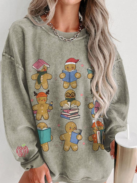 Christmas Teacher Gingerbread Women's  Casual Print Corduroy Sweatshirt