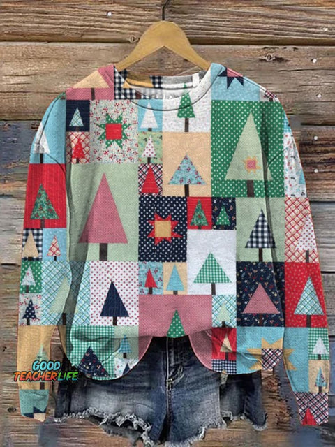 Christmas Tree Quilt Art Printed Casual Sweatshirt