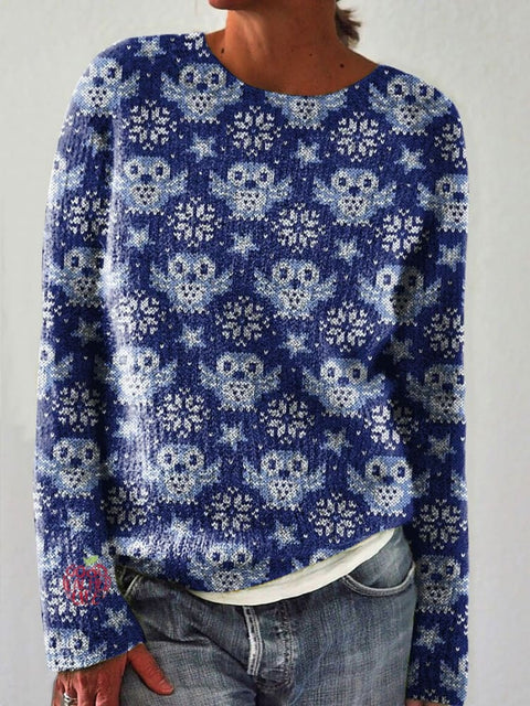 Blue Cute Owl Print Knit Pullover Sweater