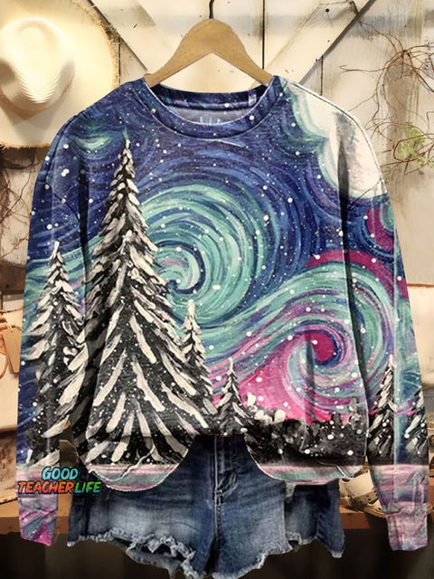 Christmas Tree and Starry Sky Art Print Casual Sweatshirt