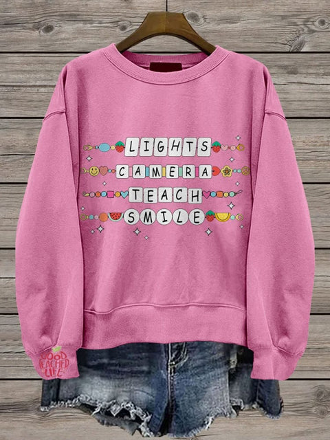 Lights Camera Teach Teacher Groovy Friendship Bracelet Casual Print Sweatshirt