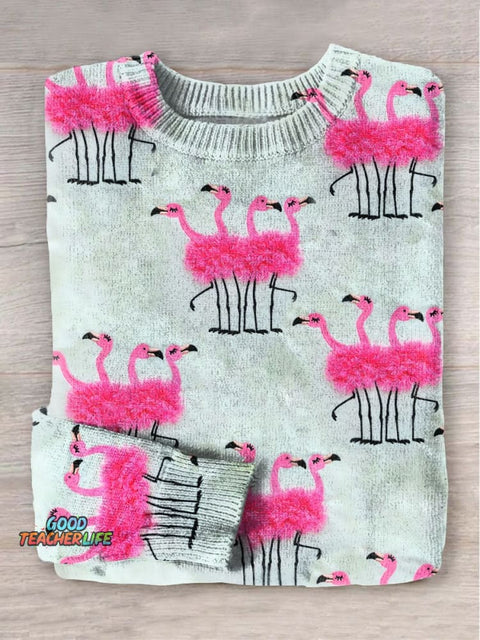 Pink Ostriches3D Art Print Knit Pullover Sweater