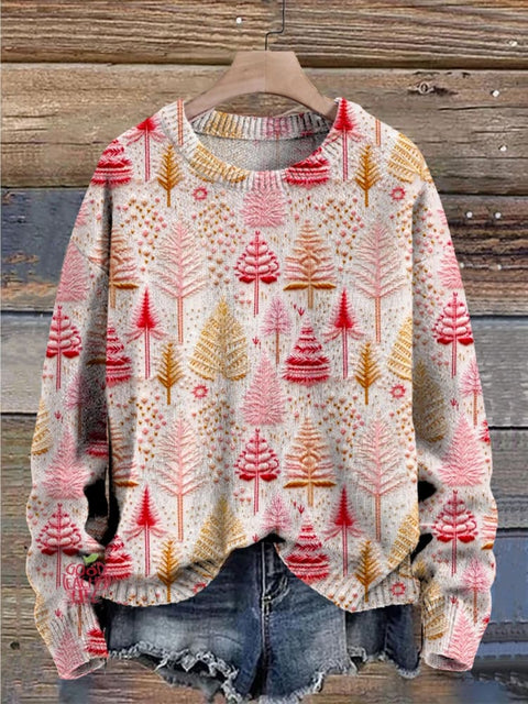 Christmas Tree Art Pattern Print Casual Knit Pullover Sweater