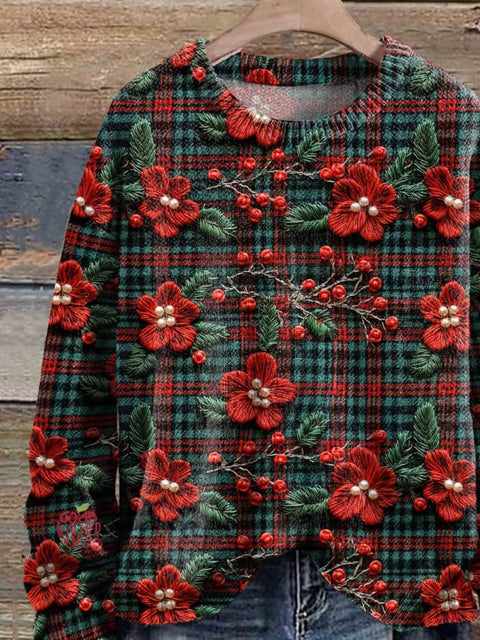 Christmas Poinsettia Print Knit Pullover Sweater