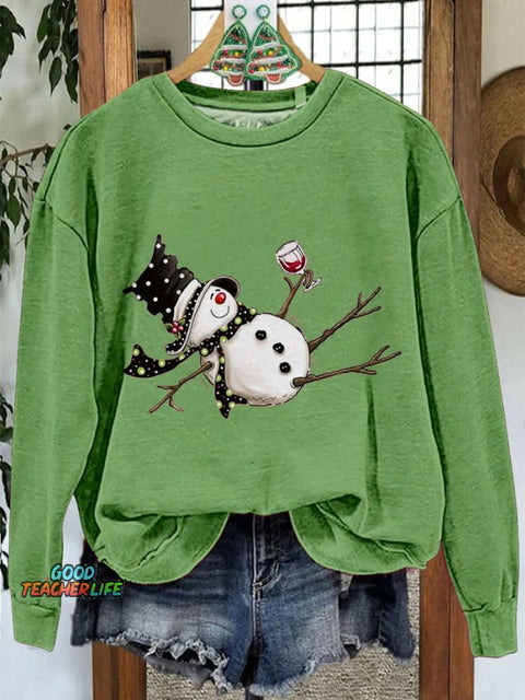 Drunk Snowman Drinking Wine Winter Holiday Christmas Casual Print Sweatshirt