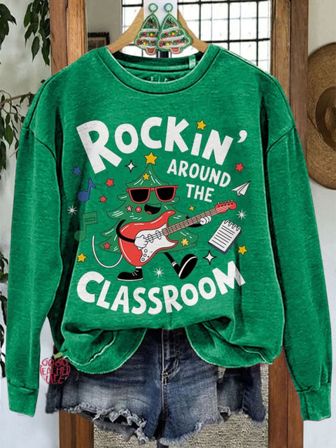 Rockin Around The Classroom Retro Teacher Christmas Casual Sweatshirt