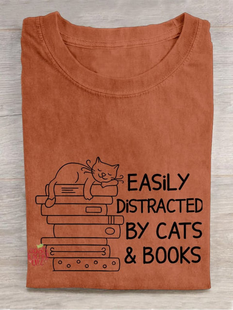 Easily Distracted By Cats And Books Teacher Casual Print T-shirt