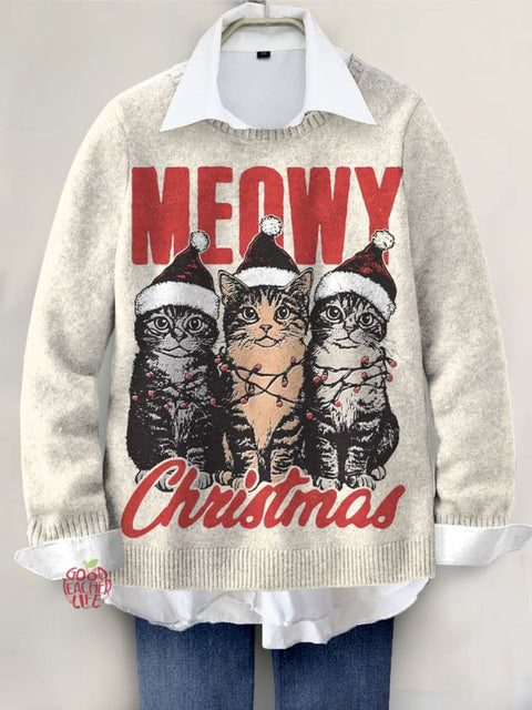 Meowy Christmas Funny Cat Lover Art Print Knit Pullover Sweater