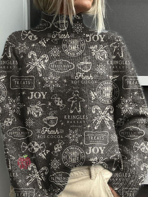 Christmas Gingerbread Man Print Knit Turtleneck Pullover Sweater