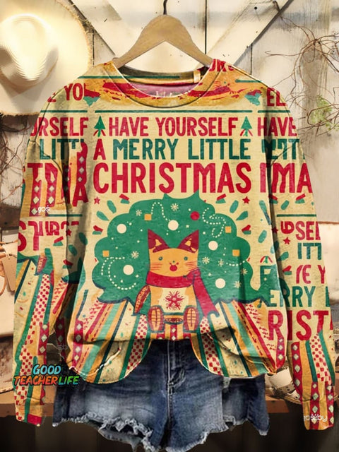Christmas Colorway Kitten Graphic Art Print Casual Sweatshirt