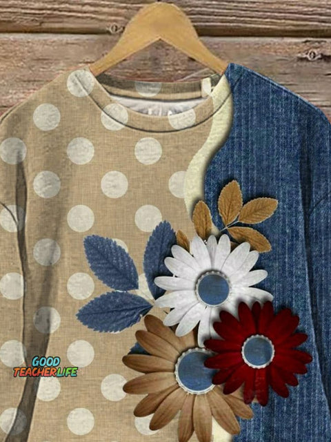 Denim And Floral Art Printed Casual Sweatshirt