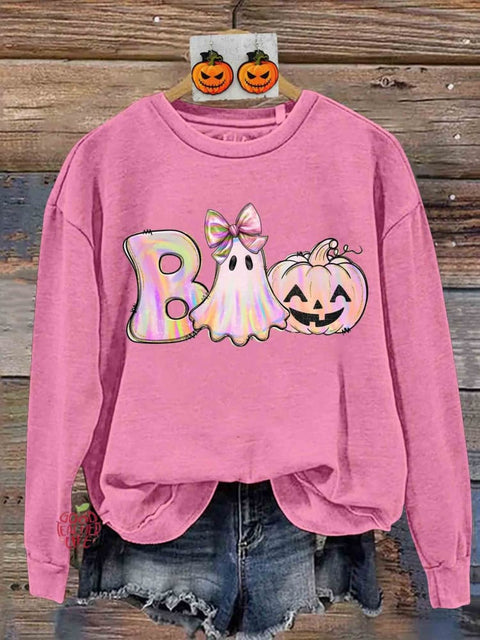 Retro Iridescent Ghost Pumpkin Pink Ghost Halloween Print Sweatshirt