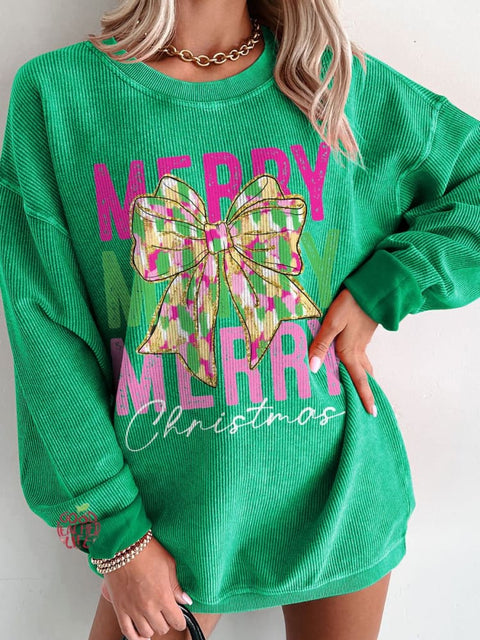 Women's Pink Glitter Christmas Coquette Casual Print Corduroy Sweatshirt